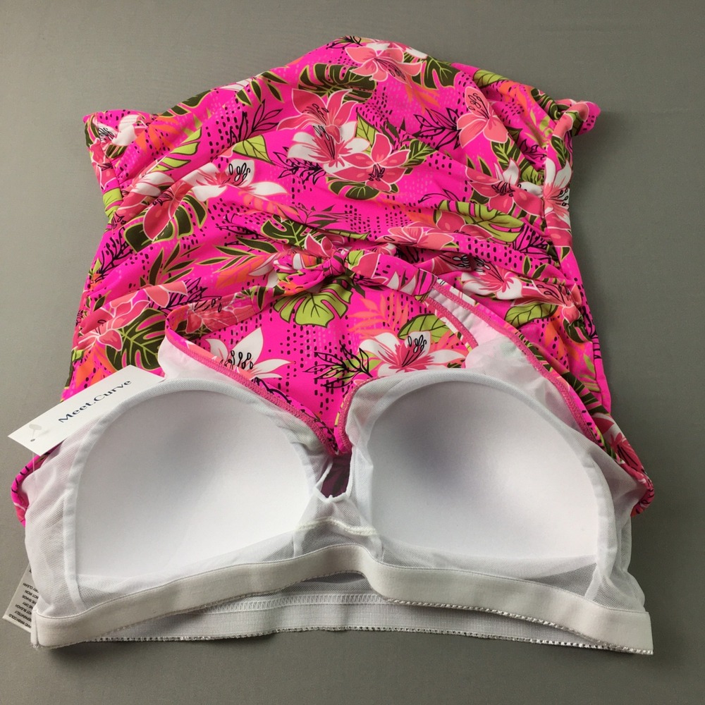MeetCurve Pink Tropical Floral Halter Tankini Swim Top XL NWT Ruched Padded - Picture 4 of 10